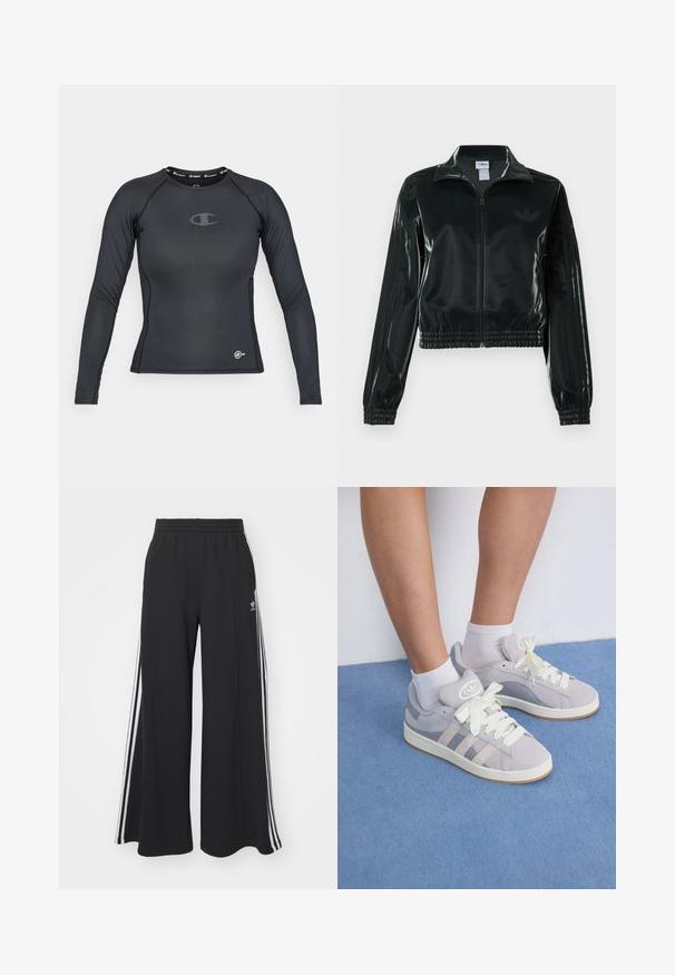 Casaco curto preto brilhante com fecho de correr frontal, gola alta e bainha elástica. Apresenta três riscas nas mangas e um pequeno logotipo no peito.; Camisola atlética de manga longa preta, feita de material elástico, com decote redondo e detalhe do logótipo no peito e na bainha.; Calças de suor largas e pretas com uma cintura elástica, apresentando riscas brancas nas laterais e um logótipo bordado na coxa esquerda.; Sapatilhas cinzas em camurça com atacadores brancos e sola de borracha, apresentando três riscas diagonais de um lado e um emblema na língua.
