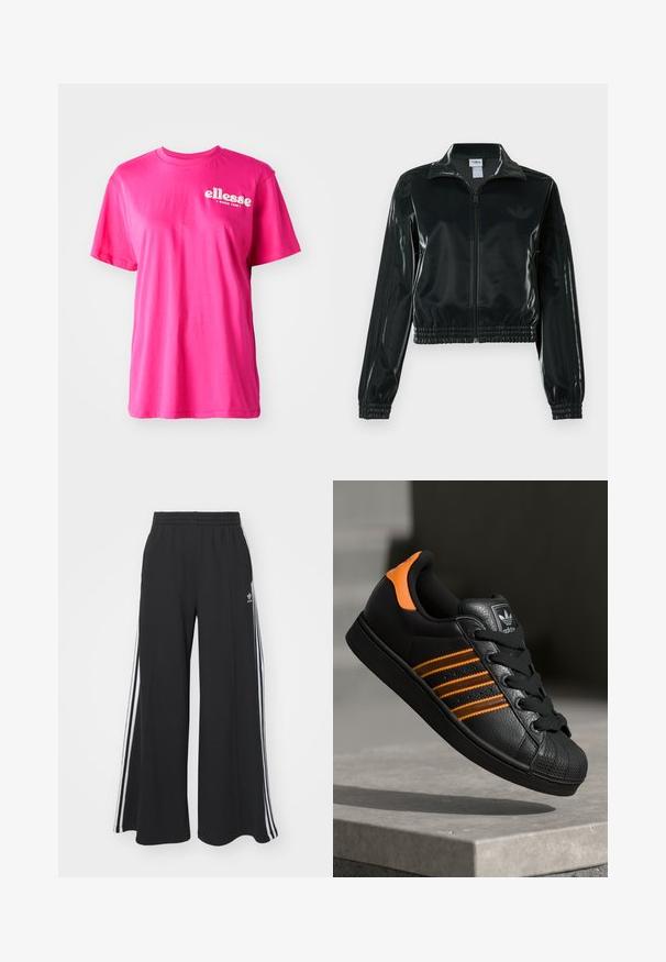 Čierna lesklá skrátená bunda so zipsom vpredu, vysokým golierom a elastickým lemom. Rukávy zdobia tri pruhy a na hrudi je malý logo.; Svetlo ružové tričko s krátkym rukávom má okrúhly výstrih, voľný strih a biele logo "ellesse" na prednej strane. Vyrobené z mäkkého bavlneného materiálu.; Čierne široké teplákové nohavice s elastickým pásom, so bielymi bočnými prúžkami a výšivkou loga na ľavom stehne.; Čierne tenisky s oranžovými akcentami, tromi horizontálnymi pruhmi, textúrovaným koženým zvrškom, gumovým ochranným vankúšikom na prstoch a čiernymi šnúrkami.