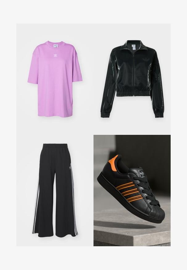 Black glossy cropped jacket with a zip front, high collar, and elasticized hem. Features three stripes on sleeves and a small logo on the chest.; adidas Originals TEE - Basic T-shirt - preloved purple; Black wide-leg sweatpants with an elastic waistband, featuring white side stripes and an embroidered logo on the left thigh.; Black sneaker with orange accents, three horizontal stripes, textured leather upper, rubber toe cap, and black laces.