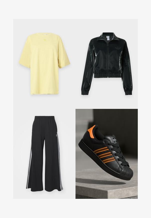 Črno, sijočo kratko jakno z zadrgo spredaj, visokim ovratnikom in elastičnim spodnjim robom. Na rokavih so tri črte, na prsih pa majhen logotip.; Rumena bombažna majica s krožnim izrezom in kratkimi rokavi. Ima majhen, toniran logotip na prsih. Preprost, sproščen kroj.; Črne široke trenirke z elastičnim pasom, ki imajo bele stranske proge in vezeno logo na levi stegna.; Črne športne copate z oranžnimi akcenti, tremi vodoravnimi črtami, zgornjim delom iz teksturirane usnjene tkanine, gumijastim zaščitnim pokrovom za prste in črnimi vezalkami.