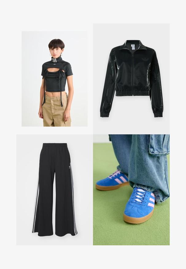 Musta kiiltävä lyhyt takki vetoketjulla, korkealla kauluksella ja joustavalla helmalla. Hihoissa on kolme raitaa ja rinnassa pieni logo.; Nainen, jolla on lyhyt tumma hius, pukeutuneena mustaan lyhythihaiseen toppiin, jossa on aukko ja solmut, beigenvärisiin housuihin ja korvakoruihin, taustana yksinkertainen valkoinen tausta.; Mustat löysät verkkarit, joissa on joustava vyötärö, valkoiset sivuraidat ja brodeerattu logo vasemmassa reidessä.; Siniset mokkakengät, joissa on vaaleanpunaiset raidat ja valkoiset nauhat, kumipohjalla, yhdistettyinä löysiin denimgyneihin vihreällä pinnalla.