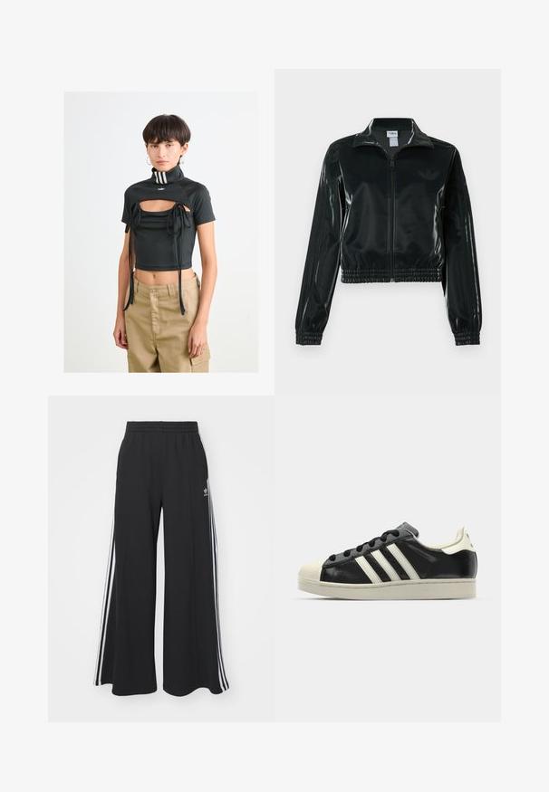 Juoda blizgi trumpa striukė su užtrauktuku priekyje, aukštu apykakliu ir elastine apačia. Rankovėse trys dryžiai ir mažas logotipas ant krūtinės.; Moteris su trumpais tamsiais plaukais, vilkinti juodą trumpą viršų su išpjova ir raišteliais, smėlio spalvos kelnes ir apyrankes, prieš baltą fono.; Juodos plačios kojų džinsinės kelnės su elastingu juosmeniu, turinčios baltas šonines juosteles ir išsiuvinėtą logotipą kairiajame šlaunyje.; Juodi odiniai sportiniai bateliai su baltais dryžiais, guminis toe kapas, juodi raišteliai ir kreminis padas. Lygus pavirčius su blizgiu finišu.