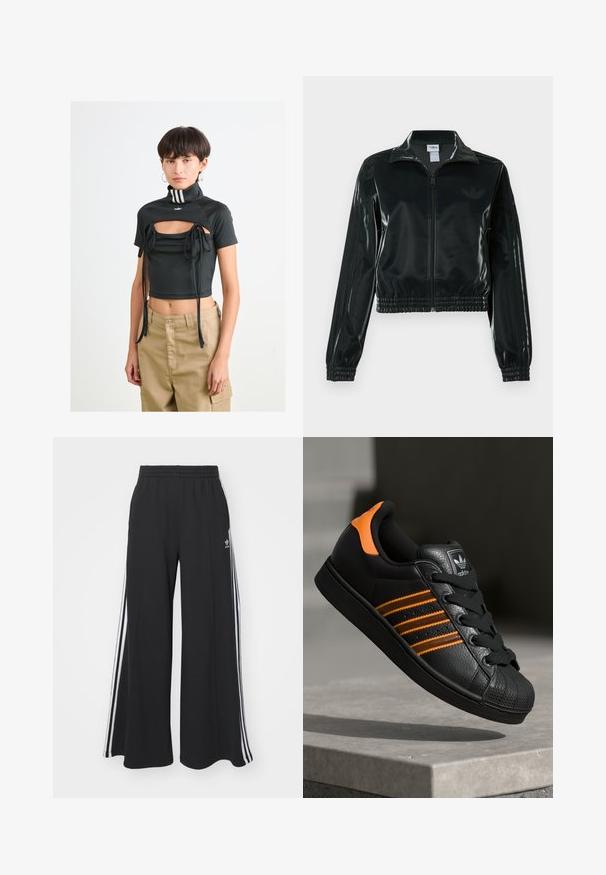 Jachetă neagră lucioasă, scurtă, cu fermoar frontal, guler înalt și tiv elastic. Are trei dungi pe mâneci și un mic logo pe piept.; Femeie cu păr scurt și închis la culoare, îmbrăcată cu un top negru scurt, cu decupaje și șireturi, pantaloni bej și cercei rotunzi, pe un fundal alb simplu.; Pantaloni de trening negri cu croială largă, prevăzuți cu un brâu elastic, având dungi laterale albe și un logo brodat pe coapsa stângă.; Adidași negri cu accente portocalii, trei dungi orizontale, parte superioară din piele texturată, capac de cauciuc pentru vârf și șireturi negre.