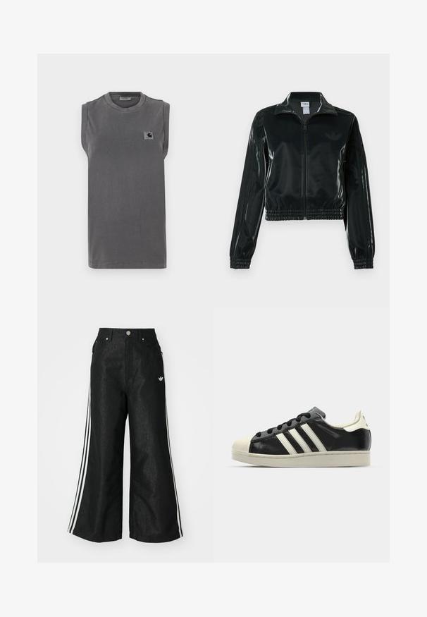 Black glossy cropped jacket with a zip front, high collar, and elasticized hem. Features three stripes on sleeves and a small logo on the chest.; Gray sleeveless t-shirt made of cotton blend fabric. Features a round neck and a small logo patch on the left chest area.; Black wide-leg denim pants with three white stripe accents on each side and a small white logo. Features front pockets and a button closure.; Black leather sneaker with white stripes, rubber toe cap, black laces, and a cream-colored outsole. Smooth texture with shiny finish.