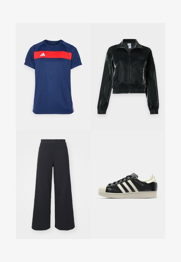 Casaco curto preto brilhante com fecho de correr frontal, gola alta e bainha elástica. Apresenta três riscas nas mangas e um pequeno logotipo no peito.; T-shirt atlético azul-marinho com uma faixa vermelha horizontal ao longo do peito e três faixas brancas nas mangas. O material é liso e leve.; Calças de fato largas, pretas, feitas de tecido macio, com uma cintura elástica e um pequeno logótipo do lado esquerdo.; Sapatilha de couro preto com riscas brancas, biqueira de borracha, atacadores pretos e sola na cor creme. Textura suave com acabamento brilhante.