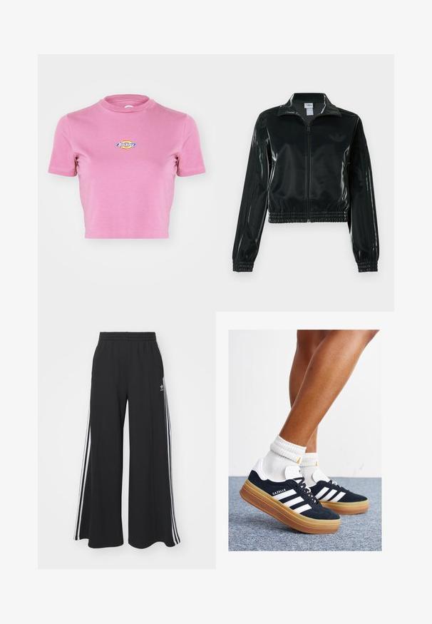 Zwarte glanzende cropped jas met een ritssluiting aan de voorkant, hoge kraag en elastische zoom. Voorzien van drie strepen op de mouwen en een klein logo op de borst.; Dickies MAPLE VALLEY - T-shirt print - mellow mauve; Zwarte wijde sweatpants met een elastische tailleband, met witte zijstrepen en een geborduurd logo op de linker dij.; Zwarte suède sneakers met witte strepen en accenten, ronde neus, gum rubberen buitenzool, gecombineerd met witte geribbelde crewkousen.