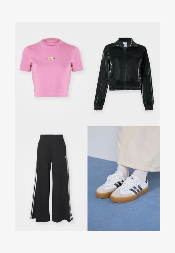 Sort blank cropped jakke med glidelås foran, høy krage og elastisk nederkant. Har tre striper på ermene og en liten logo på brystet.; Dickies MAPLE VALLEY - T-shirts med print - mellow mauve; Svart vide joggebukser med elastisk midjebånd, med hvite sidestriper og brodert logo på venstre lår.; Hvite sneakers med svarte striper og beige semsket skinn-detaljer. Har en teksturert gummisåle og flate hvite snører, brukt med lyse sokker.