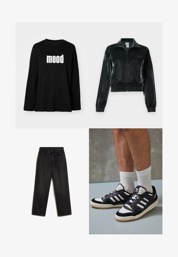 Zwarte glanzende cropped jas met een ritssluiting aan de voorkant, hoge kraag en elastische zoom. Voorzien van drie strepen op de mouwen en een klein logo op de borst.; Zwarte longsleeve t-shirt van katoen met een ronde halslijn en een grote witte "mood" afbeelding aan de voorkant. Ontspannen pasvorm.; Vans SIRELLE POCKET PUDDLE - Relaxed fit jeans - black; Zwart-witte sneakers met een bovenwerk van suede en leer, voorzien van drie witte strepen, een geperforeerde neus en een rubberen gumzool.