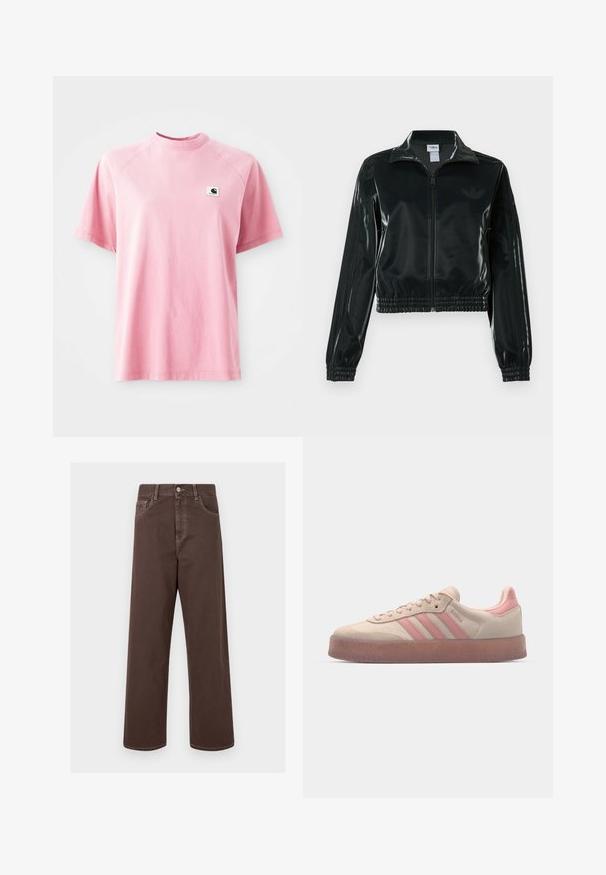 Juoda blizgi trumpa striukė su užtrauktuku priekyje, aukštu apykakliu ir elastine apačia. Rankovėse trys dryžiai ir mažas logotipas ant krūtinės.; Rožinė medvilninė marškinė su apykakle ir trumpomis rankovėmis. Yra mažas kvadratinis logotipo lopas kairėje krūtinės pusėje. Lygus paviršius.; Rudos plačios kojų džinsai su kontrastingomis siūlėmis, penkiais kišenėmis ir metaliniu mygtuko uždarymu. Lygus paviršius, tiesus kirpimas.; Šviesiai rudos zomšinės sportbačiai su šviesiai rožinėmis detalėmis, tekstūruotas guminis padas, ir trys rožinės juostelės šone. Suapvalintas pirštas ir raištelių užsegimo dizainas.