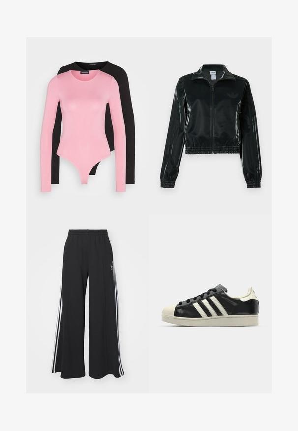 Casaco curto preto brilhante com fecho de correr frontal, gola alta e bainha elástica. Apresenta três riscas nas mangas e um pequeno logotipo no peito.; Bodies de manga longa em rosa e preto. Tecido suave e elástico com decotes redondos e design ajustado, apresentando um corte fio dental na parte inferior.; Calças de suor largas e pretas com uma cintura elástica, apresentando riscas brancas nas laterais e um logótipo bordado na coxa esquerda.; Sapatilha de couro preto com riscas brancas, biqueira de borracha, atacadores pretos e sola na cor creme. Textura suave com acabamento brilhante.
