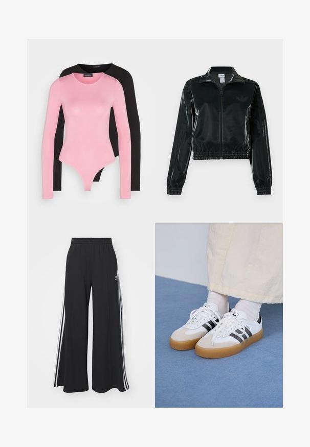 Casaco curto preto brilhante com fecho de correr frontal, gola alta e bainha elástica. Apresenta três riscas nas mangas e um pequeno logotipo no peito.; Bodies de manga longa em rosa e preto. Tecido suave e elástico com decotes redondos e design ajustado, apresentando um corte fio dental na parte inferior.; Calças de suor largas e pretas com uma cintura elástica, apresentando riscas brancas nas laterais e um logótipo bordado na coxa esquerda.; Ténis brancos com riscas pretas e detalhes em camurça bege. Apresentam uma sola de borracha texturizada e atacadores brancos lisos, usados com meias de tom claro.