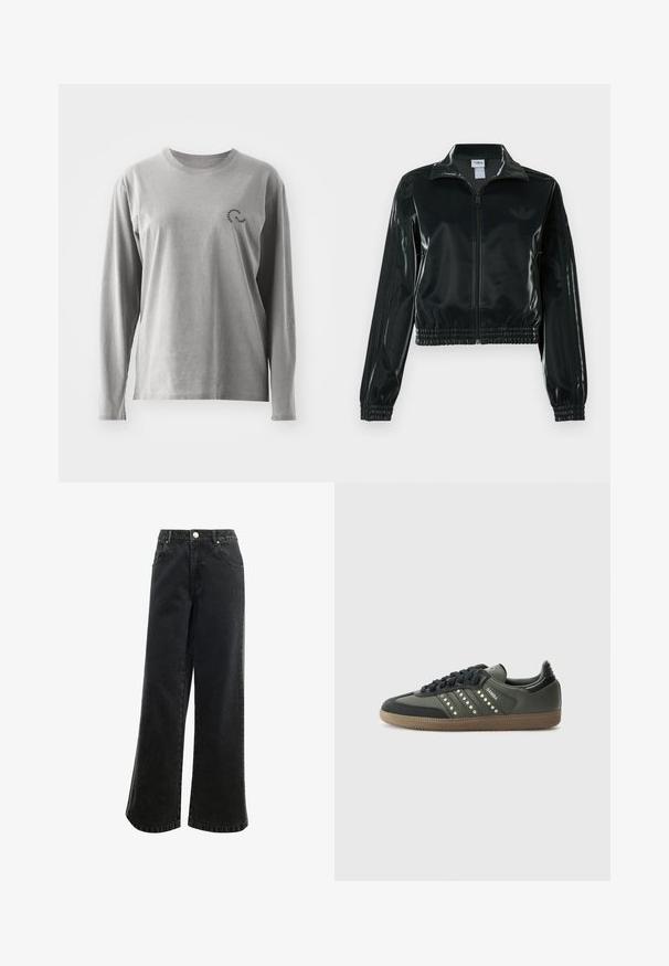 Black glossy cropped jacket with a zip front, high collar, and elasticized hem. Features three stripes on sleeves and a small logo on the chest.; Long-sleeve gray cotton shirt with a round neckline and a small black logo detail on the left chest. Soft texture, casual fit.; High-waisted, wide-leg black denim pants with a button closure, five pockets, and a small logo embroidered on the front. Textured fabric.; adidas Originals SAMBA OG - Trainers - core black/legend earth/gum
