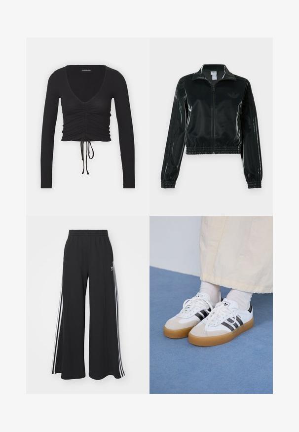 Sort blank cropped jakke med glidelås foran, høy krage og elastisk nederkant. Har tre striper på ermene og en liten logo på brystet.; Svart ribbet langermet crop top med dyp V-hals, rynkedetaljer foran og justerbar snøring i kanten.; Svart vide joggebukser med elastisk midjebånd, med hvite sidestriper og brodert logo på venstre lår.; Hvite sneakers med svarte striper og beige semsket skinn-detaljer. Har en teksturert gummisåle og flate hvite snører, brukt med lyse sokker.