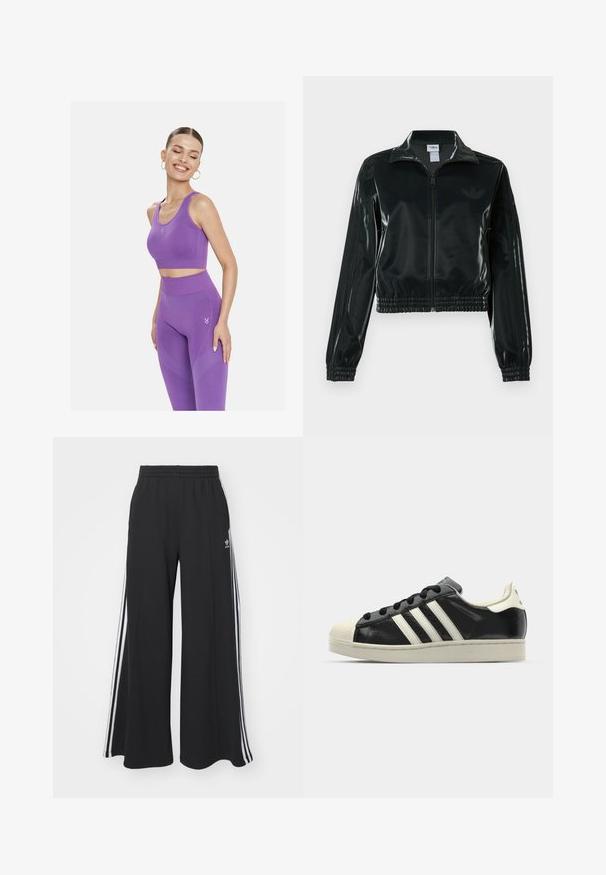 Juoda blizgi trumpa striukė su užtrauktuku priekyje, aukštu apykakliu ir elastine apačia. Rankovėse trys dryžiai ir mažas logotipas ant krūtinės.; Cardio Bunny CHILL CROP - Viršus - purple; Juodos plačios kojų džinsinės kelnės su elastingu juosmeniu, turinčios baltas šonines juosteles ir išsiuvinėtą logotipą kairiajame šlaunyje.; Juodi odiniai sportiniai bateliai su baltais dryžiais, guminis toe kapas, juodi raišteliai ir kreminis padas. Lygus pavirčius su blizgiu finišu.