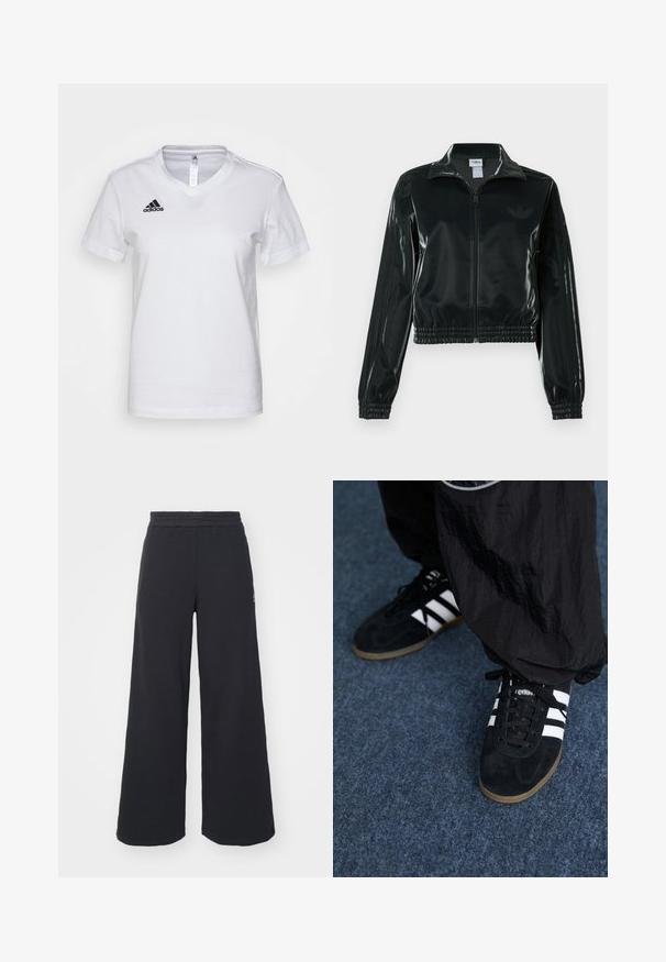 Casaco curto preto brilhante com fecho de correr frontal, gola alta e bainha elástica. Apresenta três riscas nas mangas e um pequeno logotipo no peito.; T-shirt de algodão branco com um design de decote em V, mangas curtas e um logo preto da Adidas na área do peito esquerdo. Textura suave, ajuste clássico.; Calças de fato largas, pretas, feitas de tecido macio, com uma cintura elástica e um pequeno logótipo do lado esquerdo.; Tênis atléticos em camurça preta com três listras brancas e cadarços pretos. Uma calça preta texturizada é parcialmente visível ao lado dos tênis.