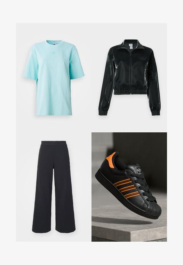 Čierna lesklá skrátená bunda so zipsom vpredu, vysokým golierom a elastickým lemom. Rukávy zdobia tri pruhy a na hrudi je malý logo.; Svetlomodré tričko s krátkym rukávom vyrobené z bavlny. Má okrúhly výstrih a malý logomark na hrudi. Jemná textúra.; Čierne širšie tepláky vyrobené z mäkkej látky, s elastickým pásom a malým logom na ľavej strane.; Čierne tenisky s oranžovými akcentami, tromi horizontálnymi pruhmi, textúrovaným koženým zvrškom, gumovým ochranným vankúšikom na prstoch a čiernymi šnúrkami.