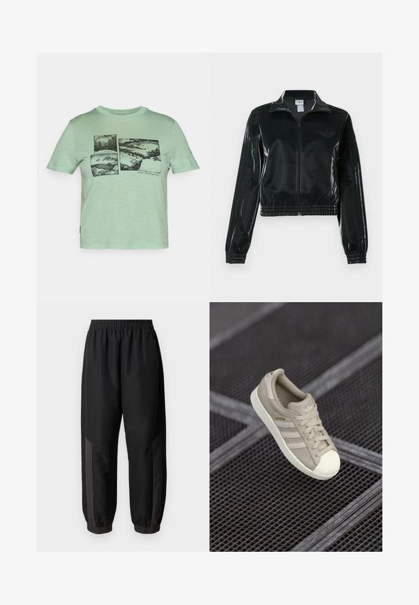 Chaqueta corta negra brillante con cremallera en el frente, cuello alto y dobladillo elástico. Presenta tres rayas en las mangas y un pequeño logo en el pecho.; Camiseta verde menta de tejido suave, con un diseño gráfico negro de paisajes escénicos a través de cuatro paneles en el frente.; Pantalones deportivos negros hechos de una tela suave y ligera. Cuentan con una cintura elástica, puños ajustados y paneles laterales gris oscuro con logo.; Zapatilla Adidas Superstar en color beige con parte superior de cuero texturizado, tres rayas laterales, puntera redonda y logotipo en la lengüeta y el talón.