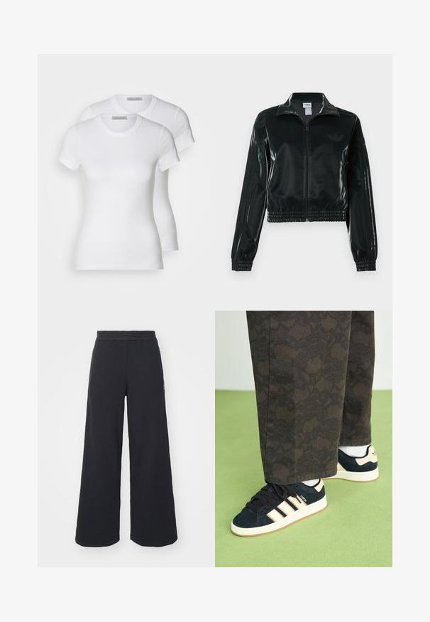 Black glossy cropped jacket with a zip front, high collar, and elasticized hem. Features three stripes on sleeves and a small logo on the chest.; Two white cotton t-shirts with short sleeves, round necklines, and a fitted silhouette, displaying a smooth texture and minimalistic design.; Black wide-leg sweatpants made from soft fabric, featuring an elastic waistband and a small logo on the left side.; Black and patterned trousers paired with navy suede sneakers featuring cream stripes and white soles. Surfaces shown are textured and flat.