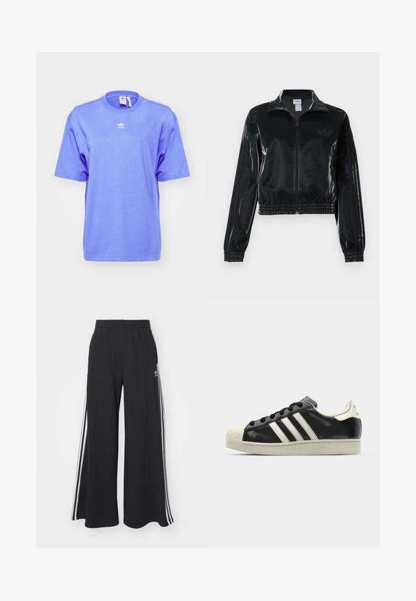 Juoda blizgi trumpa striukė su užtrauktuku priekyje, aukštu apykakliu ir elastine apačia. Rankovėse trys dryžiai ir mažas logotipas ant krūtinės.; adidas Originals TEE - Paprasti marškinėliai - blue; Juodos plačios kojų džinsinės kelnės su elastingu juosmeniu, turinčios baltas šonines juosteles ir išsiuvinėtą logotipą kairiajame šlaunyje.; Juodi odiniai sportiniai bateliai su baltais dryžiais, guminis toe kapas, juodi raišteliai ir kreminis padas. Lygus pavirčius su blizgiu finišu.