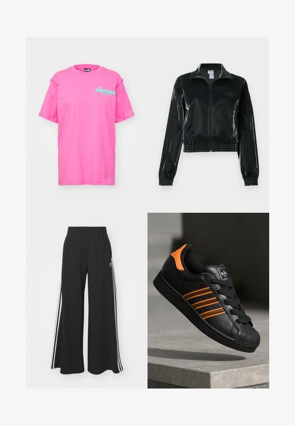 Chaqueta corta negra brillante con cremallera en el frente, cuello alto y dobladillo elástico. Presenta tres rayas en las mangas y un pequeño logo en el pecho.; Ellesse CAMPOFELICE - Camiseta estampada - pink; Pantalones de chándal negros de pierna ancha con una cinturilla elástica, que presentan franjas blancas a los lados y un logo bordado en el muslo izquierdo.; Zapatilla negra con acentos naranjas, tres franjas horizontales, parte superior de cuero texturizado, punta de goma y cordones negros.