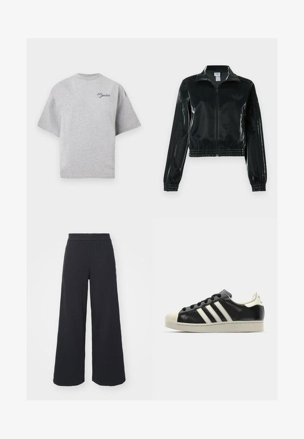 Black glossy cropped jacket with a zip front, high collar, and elasticized hem. Features three stripes on sleeves and a small logo on the chest.; Gray oversized t-shirt made of cotton, featuring a crew neck, short sleeves, and a navy blue logo on the upper left side.; Black wide-leg sweatpants made from soft fabric, featuring an elastic waistband and a small logo on the left side.; Black leather sneaker with white stripes, rubber toe cap, black laces, and a cream-colored outsole. Smooth texture with shiny finish.