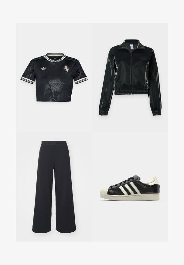Veste courte noire brillante avec fermeture éclair à l'avant, col montant et ourlet élastiqué. Dotée de trois bandes sur les manches et d'un petit logo sur la poitrine.; T-shirt noir court en jersey avec un design floral en relief, trois rayures sur les manches, logo brodé et col contrasté vert et blanc.; Pantalons de survêtement larges noirs en tissu doux, dotés d'une taille élastique et d'un petit logo sur le côté gauche.; Baskets en cuir noir avec des rayures blanches, embout en caoutchouc, lacets noirs et semelle extérieure crème. Texture lisse avec une finition brillante.