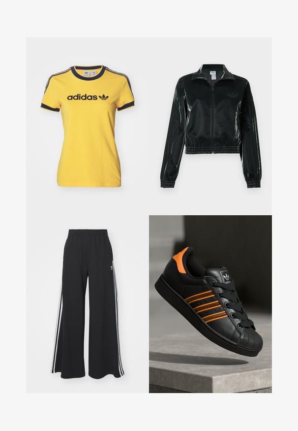 Schwarze glänzende, kurz geschnittene Jacke mit Reißverschluss vorne, hohem Kragen und elastischem Saum. Verfügt über drei Streifen an den Ärmeln und ein kleines Logo auf der Brust.; adidas Originals GRAPHIC BADGE SLIM 3-STRIPES - T-Shirt print - crew yellow; Schwarze weite Sweatpants mit elastischem Bund, versehen mit weißen Seitestreifen und einem gestickten Logo auf dem linken Oberschenkel.; Schwarze Sneaker mit orangen Akzenten, drei horizontalen Streifen, strukturiertem Lederobermaterial, Gummikappe und schwarzen Schnürsenkeln.