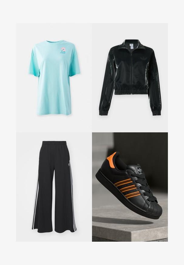 Crna sjajna kratka jakna s patentnim zatvaračem sprijeda, visokim ovratnikom i porubom s elastikom. Na rukavima ima tri pruge i mali logo na prsima.; Svijetloplava pamučna majica, kratki rukavi, okrugli izrez. Ima isprintanu ružičastu cvjetnu i logotip na gornjoj lijevoj strani prsnog koša. Mekana tekstura.; Crne široke trenirke s elastičnim pojasom, s bijelim bočnim trakama i izvezenim logom na lijevom bedru.; Crni tenisice s narančastim naglascima, tri horizontalne pruge, teksturirani kožni gornji dio, gumen kapica za prste i crne vezice.