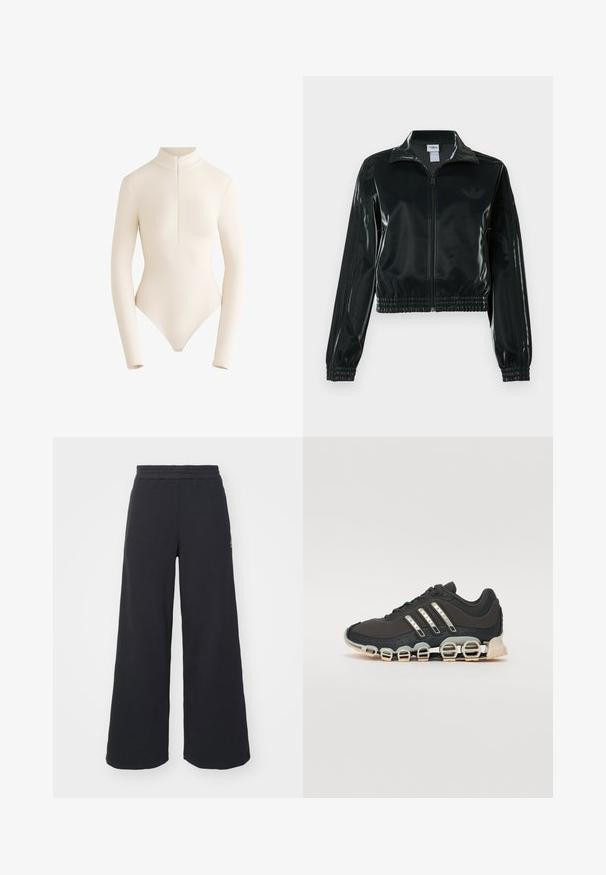 Musta kiiltävä lyhyt takki vetoketjulla, korkealla kauluksella ja joustavalla helmalla. Hihoissa on kolme raitaa ja rinnassa pieni logo.; Pitkähihainen bodysuit vaaleasta beige-kankaasta, jossa on korkea kaulus ja vetoketju edessä. Se on sileä, kapea malli, jossa on matala selkäosa.; Mustat leveät collegehousut, jotka on valmistettu pehmeästä kankaasta. Niissä on elastinen vyötärö ja pieni logo vasemmalla puolella.; Musta urheilujalkine, jossa on teksturoitu päällinen, kolme hopeista raitaa ja erottuva vaimennustuli, jonka rakenne koostuu useista integroituista osista.