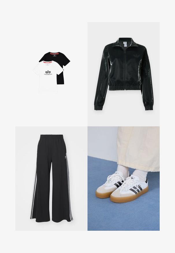 Crna sjajna kratka jakna s patentnim zatvaračem sprijeda, visokim ovratnikom i porubom s elastikom. Na rukavima ima tri pruge i mali logo na prsima.; Dva osnovna majice s okruglim izrezom, jedna bijela s crnim logotipom i jedna potpuno crna, izrađene od pamuka s kratkim rukavima i ravnim rubovima.; Crne široke trenirke s elastičnim pojasom, s bijelim bočnim trakama i izvezenim logom na lijevom bedru.; Bjele tenisice s crnim prugama i bež suknjom. Imaju teksturiranu gumu potplat i ravne bijele vezice, nošene uz svijetle čarape.