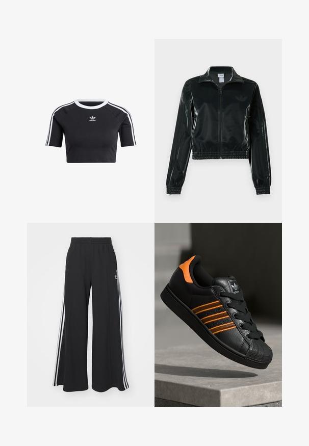 Must läikiv lühike jakk lukuga esiküljel, kõrge krae ja elastse äärega. Varrukatel on kolm triipu ja rinnal väike logo.; Must külmavärviline lühikeste varrukatega puuvillane t-särk, millel on ribatud valge ümar kaelus, lühikesed raglan varrukad ning valged külgriibid väikese logoga.; Mustad laiad trenni püksid elastse vöökohtaga, millel on valged küljeribad ja tikitud logo vasakul reiel.; Mustad mustad mustad oranzhides üksikasjad, kolm horisontaalset triipu, tekstureeritud nahk pealisosa, kummist varbaosa ja mustad paelad.