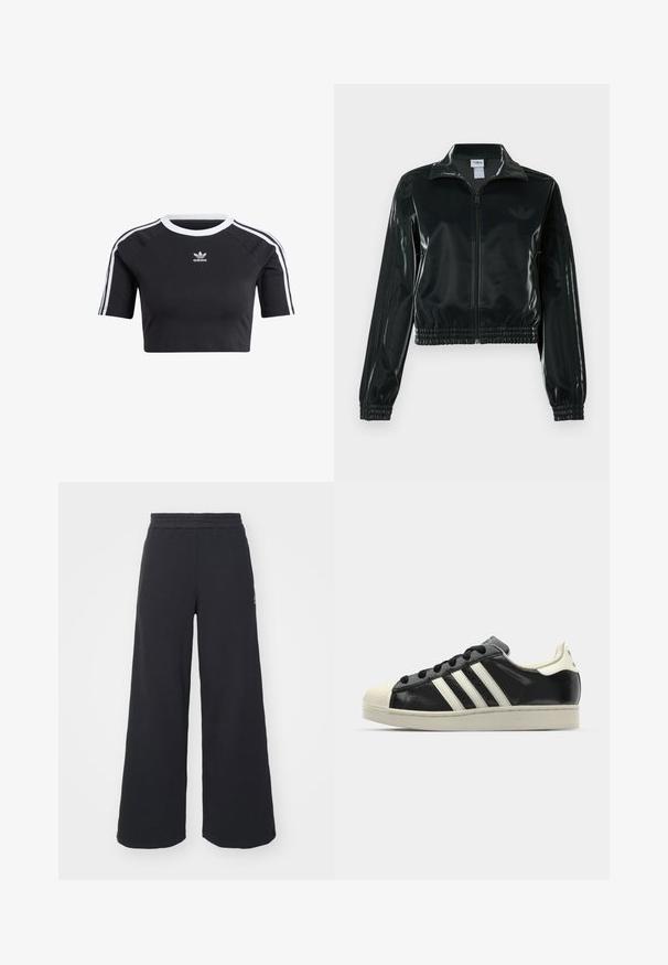 Melna spīdīga īsā jaka ar rāvējslēdzēja priekšpusi, augstu apkakli un elastīgu apakšu. Piedevas ir trīs svītras uz piedurknēm un neliels logotips uz krūtīm.; Melna īsā krekla tvertnes veidā, kas izgatavota no kokvilnas, ar ribotām baltām apkaklēm, īsām raglāna piedurknēm un baltām sānu svītrām ar mazu logotipu.; Melni platās svārku bikses, izgatavotas no mīksta auduma, ar elastīgu jostas daļu un mazu logotipu kreisajā pusē.; Melna ādas sporta apava ar baltām svītrām, gumijas purngala aizsardzību, melnām auklām un krēma krāsas zoli. Gluda tekstūra ar spīdīgu apdari.