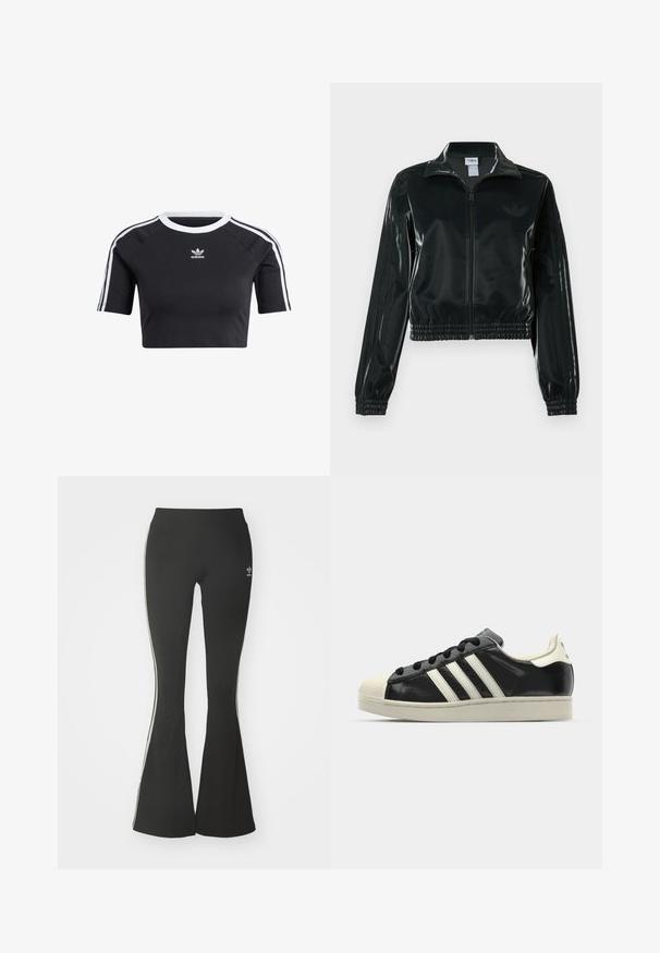 Jachetă neagră lucioasă, scurtă, cu fermoar frontal, guler înalt și tiv elastic. Are trei dungi pe mâneci și un mic logo pe piept.; Tricou scurt negru din bumbac, cu guler alb ribbit, mâneci scurte raglan și dungi laterale albe cu un mic logo.; Colanți negri cu evazare, din material elastic, cu talie înaltă și dungi albe pe laterale. Include un mic logo la talie.; Sneaker din piele neagră cu dungi albe, vârf din cauciuc, șireturi negre și talpă de culoare crem. Textură netedă cu finisaj strălucitor.