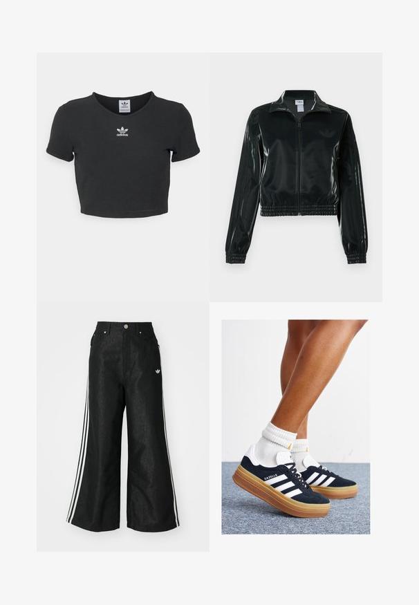 Juoda blizgi trumpa striukė su užtrauktuku priekyje, aukštu apykakliu ir elastine apačia. Rankovėse trys dryžiai ir mažas logotipas ant krūtinės.; Juodas trumpas medvilninis marškinėliai, turintys apvalų kaklą ir trumpas rankoves. Centre yra baltas išsiuvinėtas "Adidas" logotipas.; Juodos plačios džinsinės kelnės su trimis baltais juostelėmis kiekvienoje pusėje ir mažu baltu logotipu. Yra priekiniai kišenės ir sagčių užsegimas.; Juodi zomšiniai sportbačiai su baltais dryžiais ir akcentais, apvalios nosies, guminio, gumos pado, derinami su baltais raitytais vidutinio ilgio kojinaitėmis.