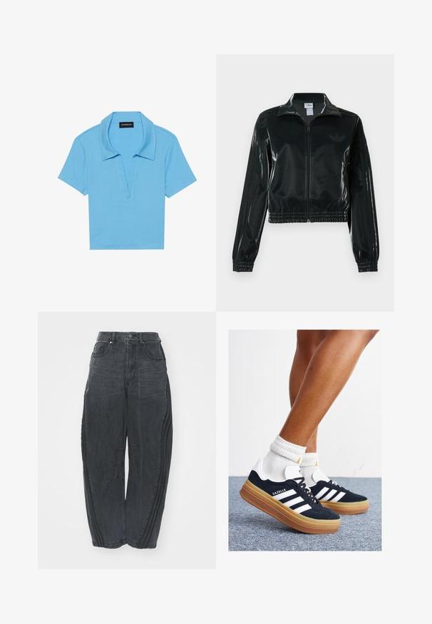 Musta kiiltävä lyhyt takki vetoketjulla, korkealla kauluksella ja joustavalla helmalla. Hihoissa on kolme raitaa ja rinnassa pieni logo.; Vaaleansininen polo-paita, jossa on klassinen kaulus, lyhyet hihat ja syvä V-pääntie. Ominaisuuksiin kuuluu ribbikuvio ja suora helma.; Löysät mustat farkut, joissa on haalistunut viimeistely, viisi taskua, vyötärön napitus ja ommellut yksityiskohdat edessä ja sivuilla.; Musta mokkanahkainen tennari, jossa valkoiset raidat ja yksityiskohdat, pyöreä kärki, purukumipohja, yhdistetty valkoisiin ribbineuleisiin nilkkasukkiin.