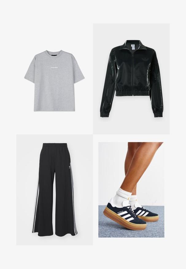 Čierna lesklá skrátená bunda so zipsom vpredu, vysokým golierom a elastickým lemom. Rukávy zdobia tri pruhy a na hrudi je malý logo.; Sivá bavlnená tričká s krátkymi rukávmi, s okrúhlym výstrihom a malým bielym logom "PEGADOR" na prednej strane. Hladká textura, voľný strih.; Čierne široké teplákové nohavice s elastickým pásom, so bielymi bočnými prúžkami a výšivkou loga na ľavom stehne.; Čierne semišové tenisky s bielymi pruhmi a detailmi, so zaoblenou špičkou, podrážkou z gumovej gumy, doplnené bielymi rebrovanými ponožkami.