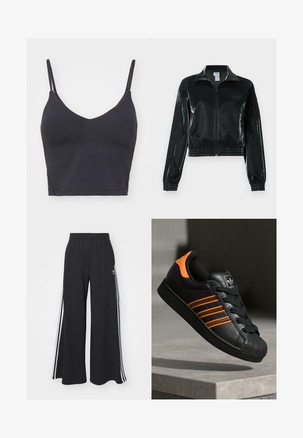 Črno, sijočo kratko jakno z zadrgo spredaj, visokim ovratnikom in elastičnim spodnjim robom. Na rokavih so tri črte, na prsih pa majhen logotip.; Črna brezšivna braletka z tankimi nastavljivimi naramnicami, v-izrezom in prilegajočim dizajnom. Nežen, elastičen material brez vidnih kovinskih delov.; Črne široke trenirke z elastičnim pasom, ki imajo bele stranske proge in vezeno logo na levi stegna.; Črne športne copate z oranžnimi akcenti, tremi vodoravnimi črtami, zgornjim delom iz teksturirane usnjene tkanine, gumijastim zaščitnim pokrovom za prste in črnimi vezalkami.