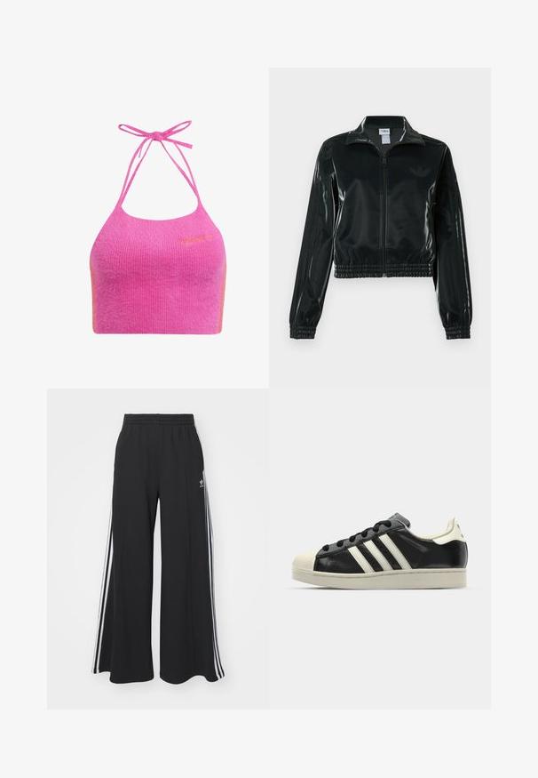 Černá lesklá zkrácená bunda se zipem vpředu, vysokým límcem a elastickým lemem. Má tři pruhy na rukávech a malé logo na hrudi.; Růžový zkrácený halter top v jemné, žebrované textuře se spaghetti ramínky a oranžovým akcentem. Na přední straně je vyšitý logo značky.; Černé pohodlné tepláky širokého střihu s elastickým pasem, na boční straně s bílými pruhy a vyšitým logem na levé stehně.; Černé kožené sneakers s bílými pruhy, gumovou špičkou, černými tkaničkami a krémovou podešví. Hladký povrch s lesklým finišem.
