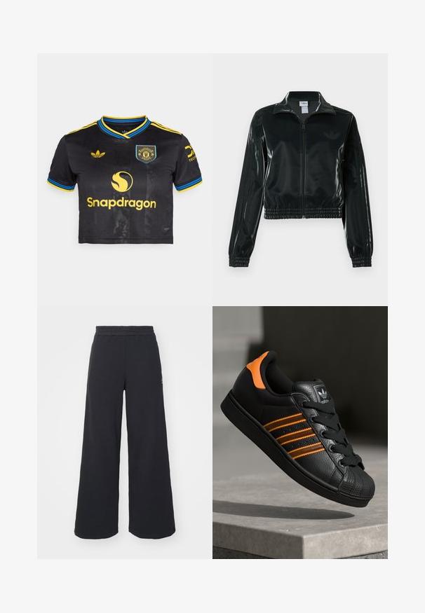 Casaco curto preto brilhante com fecho de correr frontal, gola alta e bainha elástica. Apresenta três riscas nas mangas e um pequeno logotipo no peito.; Camisa de futebol preta cropped com detalhes em amarelo e azul, apresentando um colarinho redondo, logo e texto do patrocinador em amarelo na parte da frente.; Calças de fato largas, pretas, feitas de tecido macio, com uma cintura elástica e um pequeno logótipo do lado esquerdo.; Sapatilha preta com detalhes laranja, três riscas horizontais, parte superior em couro texturizado, bico de borracha e atacadores pretos.