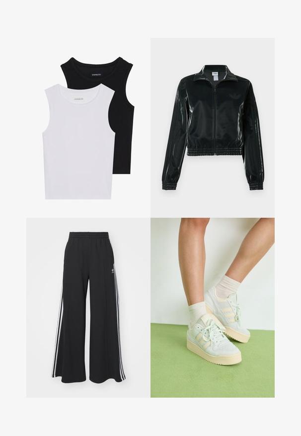 Crna sjajna kratka jakna s patentnim zatvaračem sprijeda, visokim ovratnikom i porubom s elastikom. Na rukavima ima tri pruge i mali logo na prsima.; Dva majica bez rukava u crnoj i bijeloj boji, izrađene od rebrastog pamuka, s okruglim izrezima i prianjajućim dizajnom. Oznake su vidljive na obje.; Crne široke trenirke s elastičnim pojasom, s bijelim bočnim trakama i izvezenim logom na lijevom bedru.; Svijetlozeleni tenisice s teksturiranom površinom, s tri bijele pruge, kremastom gumom na potplatu i vezanjem. Nošene sa svijetlim čarapama.