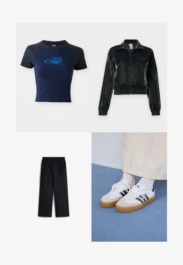 Černá lesklá zkrácená bunda se zipem vpředu, vysokým límcem a elastickým lemem. Má tři pruhy na rukávech a malé logo na hrudi.; Obey Clothing COSMIC DREAMS - Triko s potiskem - black iris; Černé cargo kalhoty s elastickým pasem, nastavitelným opaskem a dvěma bočními kapsami. Vyrobeny z lehké, texturované látky.; Bílé tenisky s černými pruhy a béžovými semišovými akcenty. Mají texturovanou gumovou podrážku a ploché bílé tkaničky, nošeny s světlými ponožkami.