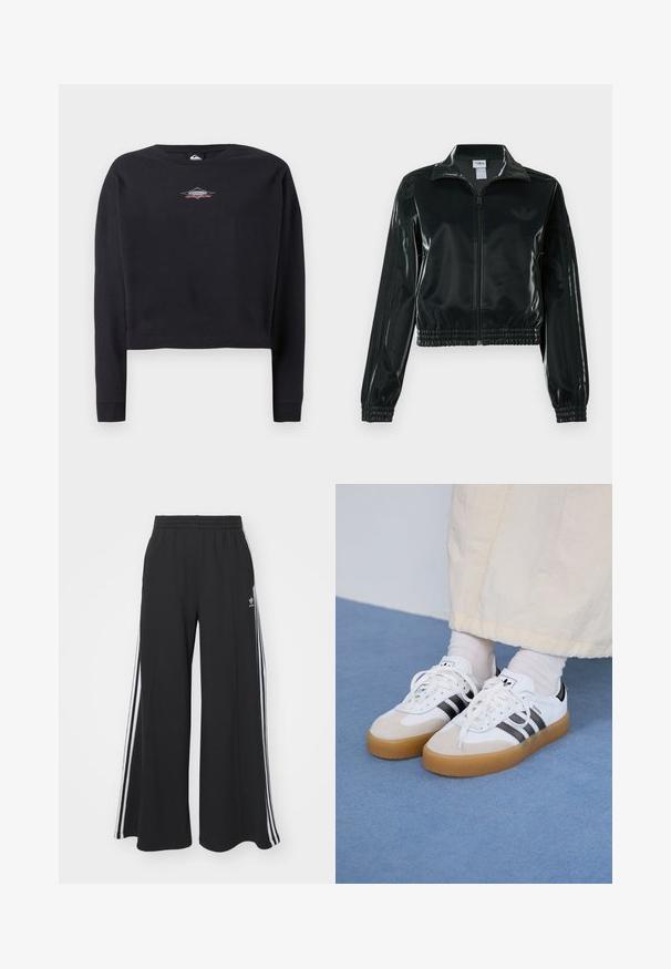 Schwarze glänzende, kurz geschnittene Jacke mit Reißverschluss vorne, hohem Kragen und elastischem Saum. Verfügt über drei Streifen an den Ärmeln und ein kleines Logo auf der Brust.; Schwarzer, kurzer Sweatshirt aus Baumwolle mit Rundhalsausschnitt und langen Ärmeln. Kleines Logo-Design in Grau und Rot auf der Brust.; Schwarze weite Sweatpants mit elastischem Bund, versehen mit weißen Seitestreifen und einem gestickten Logo auf dem linken Oberschenkel.; Weiße Sneaker mit schwarzen Streifen und beigen Wildlederakzenten. Besitzen eine strukturierte Gummisohle und flache weiße Schnürsenkel, getragen mit hellen Socken.