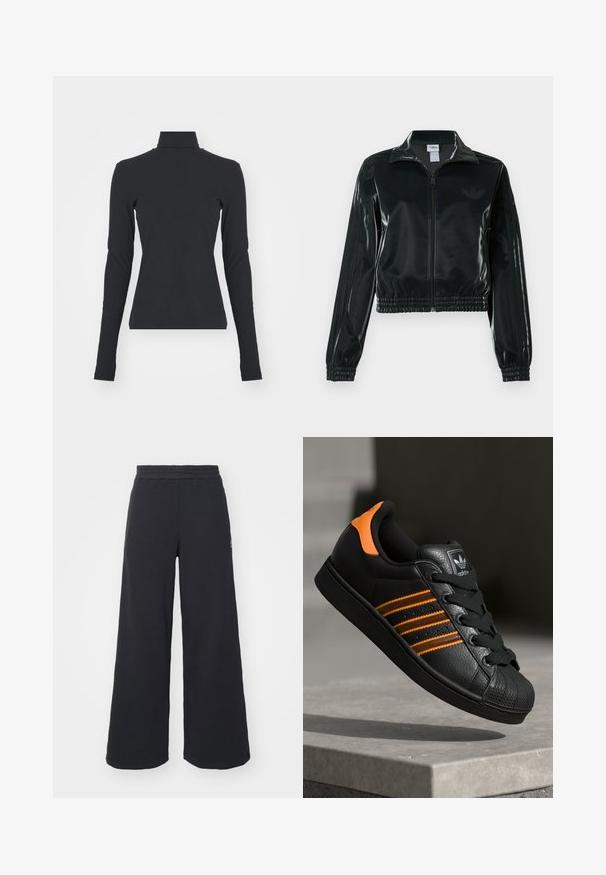 Musta kiiltävä lyhyt takki vetoketjulla, korkealla kauluksella ja joustavalla helmalla. Hihoissa on kolme raitaa ja rinnassa pieni logo.; Musta ribbi-polo, jossa on pitkät hihat, muotoilultaan istuva, sileä pinta ja hienovarainen joustavuus, suunniteltu mukavuutta ja kerrospukeutumista varten.; Mustat leveät collegehousut, jotka on valmistettu pehmeästä kankaasta. Niissä on elastinen vyötärö ja pieni logo vasemmalla puolella.; Musta sneaker oransseilla yksityiskohdilla, kolme vaakasuuntaista raitaa, tekstuuri-nahkapinta, kuminen varvaskansi ja mustat nauhat.