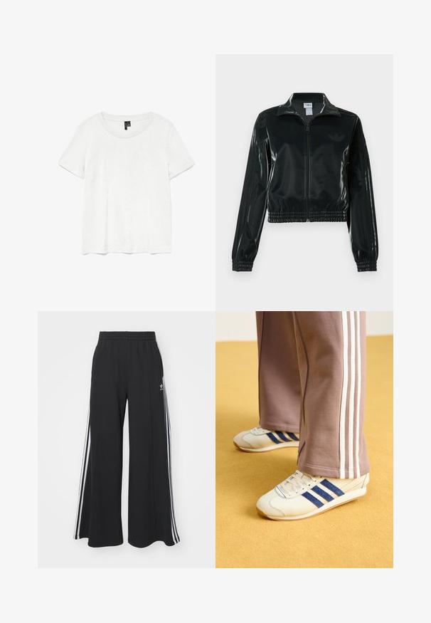Black glossy cropped jacket with a zip front, high collar, and elasticized hem. Features three stripes on sleeves and a small logo on the chest.; White short-sleeve t-shirt with a round neckline, made of lightweight fabric. Simple design, smooth texture, and straight hem.; Black wide-leg sweatpants with an elastic waistband, featuring white side stripes and an embroidered logo on the left thigh.; Cream sneakers with blue suede stripes, white laces, and a rubber sole. Paired with gray sweatpants featuring white side stripes.