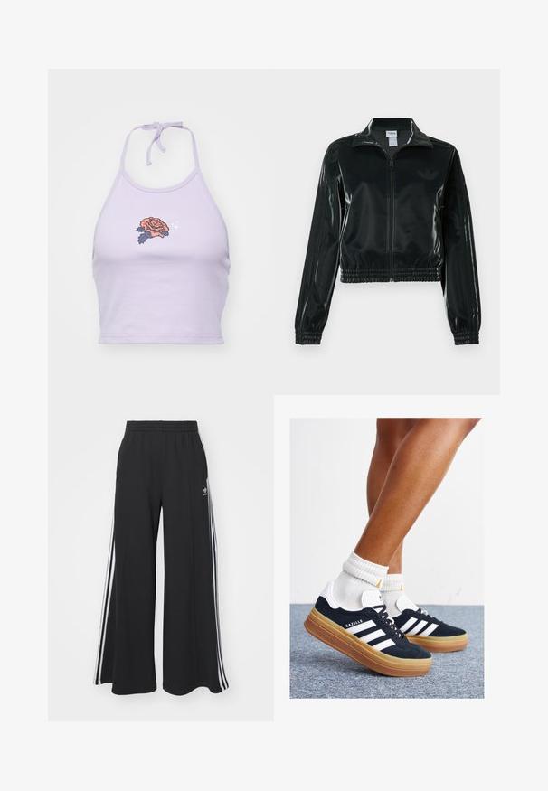 Czarna błyszcząca krótka kurtka na zamek błyskawiczny z przodu, z wysokim kołnierzem i elastycznym wykończeniem na dole. Na rękawach znajdują się trzy paski, a na piersi małe logo.; Fioletowy crop top na ramiączkach z bawełny, z haftem w kształcie róży w kolorze pomarańczowym i granatowym, z wiązaniem na szyi.; Czarne szerokie spodnie dresowe z elastycznym pasem, z białymi paskami po bokach i haftowanym logo na lewej udzie.; Czarne zamszowe trampki z białymi paskami i akcentami, zaokrąglonym noskiem, gumową podeszwą w kolorze jasno-brązowym, zestawione z białymi żebrowanymi skarpetkami do kostki.