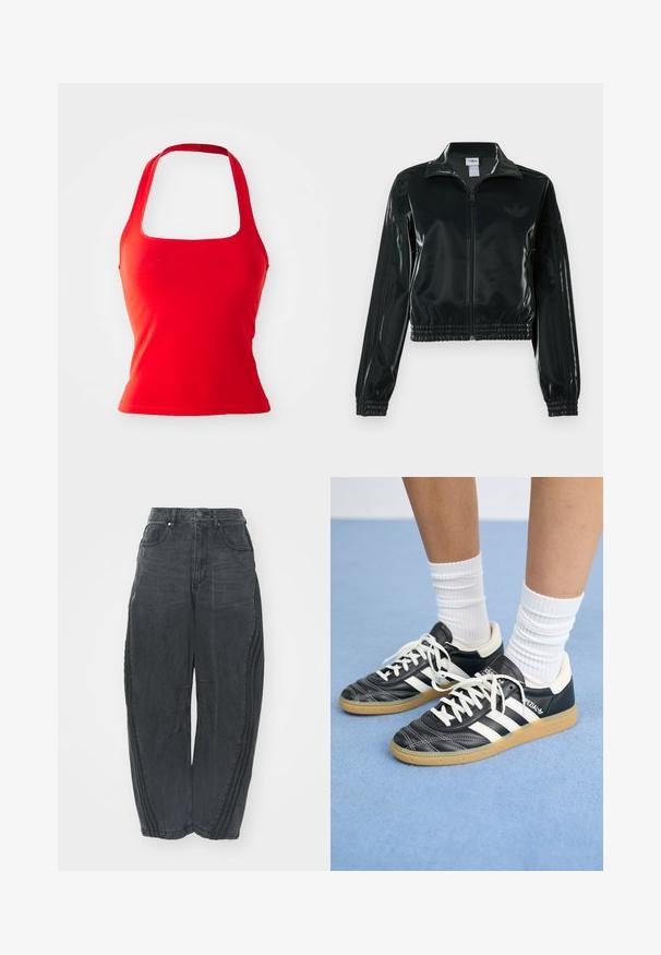 Black glossy cropped jacket with a zip front, high collar, and elasticized hem. Features three stripes on sleeves and a small logo on the chest.; Red halter neck tank top with a square neckline, fitted design, and smooth texture. No visible patterns or accents.; Baggy black denim jeans with a faded finish, five pockets, a waist button closure, and stitched detailing on the front and sides.; Black leather sneakers with white stripes, round toe, white laces, and gum rubber sole. Accentuated by padded collar and branding details.