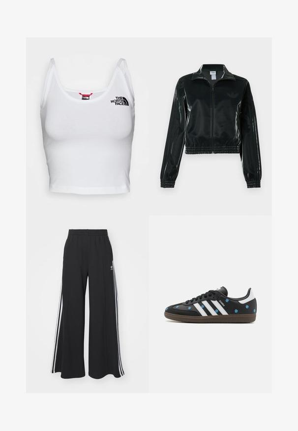 Casaco curto preto brilhante com fecho de correr frontal, gola alta e bainha elástica. Apresenta três riscas nas mangas e um pequeno logotipo no peito.; Top cropped branco feito de algodão com uma textura suave. Tem alças finas e um pequeno logótipo preto da "The North Face" no peito.; Calças de suor largas e pretas com uma cintura elástica, apresentando riscas brancas nas laterais e um logótipo bordado na coxa esquerda.; Sapatilha de couro preta com riscas brancas e bordado floral em azul. Possui uma sola de borracha castanha e um design de bico arredondado.