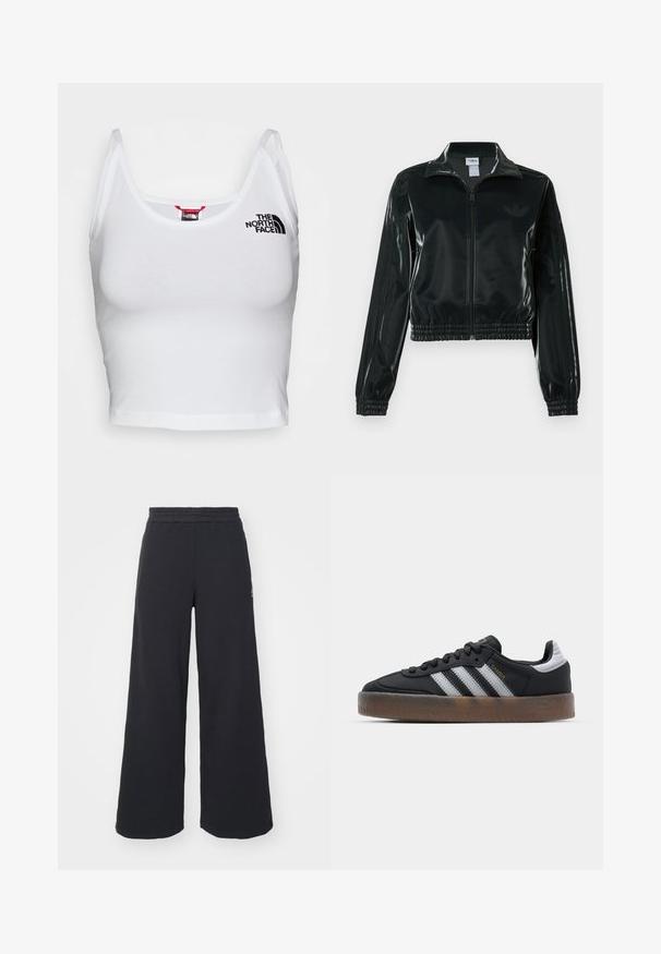 Casaco curto preto brilhante com fecho de correr frontal, gola alta e bainha elástica. Apresenta três riscas nas mangas e um pequeno logotipo no peito.; Top cropped branco feito de algodão com uma textura suave. Tem alças finas e um pequeno logótipo preto da "The North Face" no peito.; Calças de fato largas, pretas, feitas de tecido macio, com uma cintura elástica e um pequeno logótipo do lado esquerdo.; Ténis pretos com um design elegante, apresentando três riscas brancas, uma língua preta e uma sola de borracha castanha texturizada. Destaques em letras douradas.