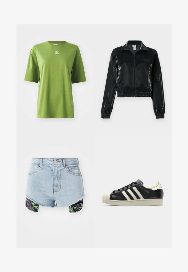 Black glossy cropped jacket with a zip front, high collar, and elasticized hem. Features three stripes on sleeves and a small logo on the chest.; Green cotton t-shirt with short sleeves, round neckline, and white Adidas logo on the chest. Smooth texture, relaxed fit.; Denim shorts in light blue, featuring a frayed hem and colorful patterned fabric on the sides with urban imagery and textures.; Black leather sneaker with white stripes, rubber toe cap, black laces, and a cream-colored outsole. Smooth texture with shiny finish.
