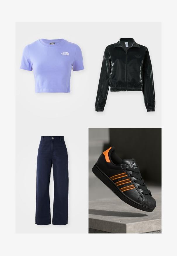 Casaco curto preto brilhante com fecho de correr frontal, gola alta e bainha elástica. Apresenta três riscas nas mangas e um pequeno logotipo no peito.; T-shirt cropped de mangas curtas em algodão roxo claro com decote redondo. Apresenta um logotipo branco na área do peito esquerdo.; Calças de cargo largas em azul-marinho, feitas de um tecido de algodão resistente, com bolsos laterais e um fecho de botão na cintura.; Sapatilha preta com detalhes laranja, três riscas horizontais, parte superior em couro texturizado, bico de borracha e atacadores pretos.